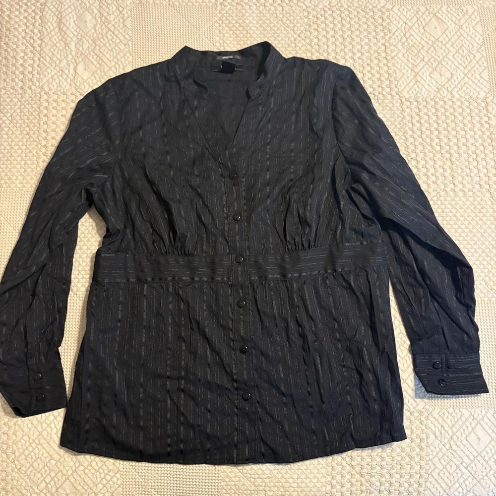 Y2K Office Siren Black Shimmery Pin Striped long sleeve button up shirt with